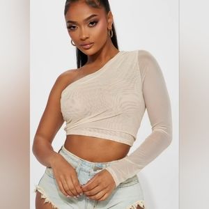 Beige mesh one sleeve crop top